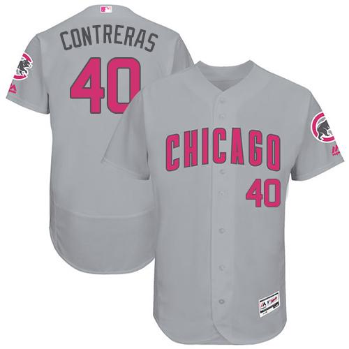 Cubs #40 Willson Contreras Grey Flexbase Authentic Collection Mother's Day Stitched MLB Jersey - Click Image to Close